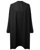 A black waterproof salon gown with long sleeves and a high neckline, featuring a logo.