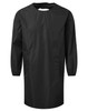 A black all-purpose waterproof gown with long sleeves and side pockets, featuring a crew neckline and a logo.