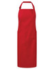 A red apron made from recycled polyester and organic cotton, featuring a tie neck and side pockets.