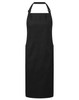 A black apron made from recycled polyester and organic cotton, featuring a neck strap and side pockets.