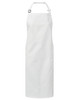 A white apron made of recycled polyester and organic cotton, featuring adjustable straps and a logo.