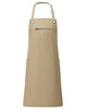 A beige bib apron with contrast stitching, featuring a front zip pocket and side pockets, includes a logo.