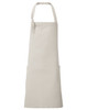 A beige bib apron featuring a neck strap and two front pockets. It also has a logo on the fabric.