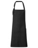 A dark blue denim bib apron with a neck strap and waist ties, featuring a pocket and a logo.