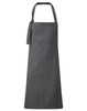 A dark grey bib apron with a tie for fastening at the neck. Features a simple, clean design and has a logo.