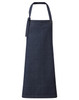A dark denim bib apron with a tie at the neck and a simple, classic design. It features a logo.
