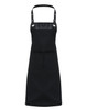 A black espresso bib apron featuring a leather panel and adjustable straps, designed for workwear use.