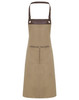 A brown apron with a leather top and pockets, designed for workwear use. It features a logo at the top.