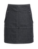 A dark denim waist apron featuring two front pockets and a simple design, with a logo present.