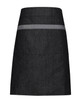 A black denim waist apron with a contrasting grey stripe and a front pocket. It features a branding logo.