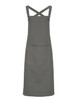 A cross back barista bib apron in a muted grey colour featuring a front pocket and adjustable straps.