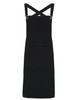A black Cross Back Barista Bib Apron featuring cross-back straps and a front pocket, with a logo present.