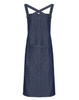 A denim cross back barista bib apron featuring adjustable straps and a front pocket. The apron has a logo.