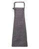 A grey heavy cotton canvas bib apron with a neck strap and an adjustable toggle. It features a logo.
