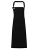 A black heavy cotton canvas bib apron with an adjustable neck strap and a logo.
