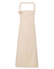 A beige heavy cotton canvas bib apron with an adjustable neck strap and a grommet detailing.