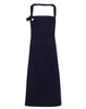 A navy blue heavy cotton canvas bib apron with a logo and adjustable neck strap.