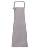 A grey heavy cotton canvas bib apron with a simple design and an adjustable neck strap. It features a logo.