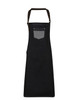 A black denim bib apron featuring a contrasting grey pocket and a logo, with adjustable straps.