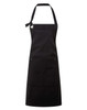 A black heavy cotton canvas apron featuring multiple pockets and a tie-neck design. It includes a logo.