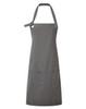 A grey heavy cotton canvas pocket apron featuring two front pockets and a loop for hanging. It has a branding logo.