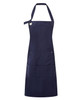 A navy blue heavy cotton canvas apron featuring an adjustable neck strap and multiple front pockets. It has a logo.