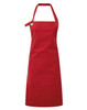 A red heavy cotton canvas pocket apron with an adjustable neck strap and three front pockets. Features a logo.