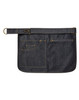 A denim hip apron featuring multiple pockets, including a zippered pocket and a loop for attachments.