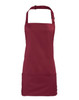 A maroon 2-in-1 apron featuring a neck strap and a front pocket, with a logo present on the design.