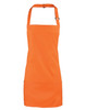 An orange 2-in-1 apron featuring a pocket and a strap for easy adjustment. It also has a logo.
