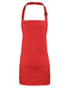 A red 2-in-1 apron with adjustable straps and a front pocket, featuring a logo.