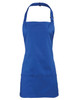 A blue 2-in-1 apron featuring a halter neck design and a pocket, with a logo on the front.