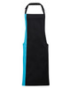 A contrast bib apron featuring a black body with a turquoise side, designed for workwear. Includes a logo.
