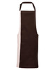 A brown and light pink contrast bib apron with a neck strap and a side pocket. It features a logo.