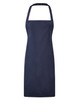 A navy blue bib apron with a neck strap and minimal design, featuring a logo.