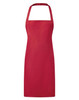 A red bib apron with a neck strap and straight design. It features a logo or branding on it.