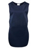 A navy blue long length pocket tabard with a large front pocket and no sleeves. Features a logo.