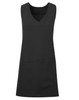 A black wrap-around tunic with a V-neck design and front pockets, featuring a logo on the chest.