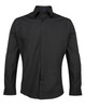 A black button-up shirt with long sleeves and a classic collar. It features a logo on the fabric.
