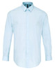 Light blue button-up shirt with long sleeves and a collar, featuring a logo on the chest.