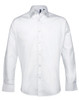 A white button-up shirt with long sleeves, featuring a collar and a logo on the chest.