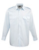 A light blue button-up shirt with long sleeves and two chest pockets. The shirt features a logo on the collar.