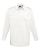 A white button-up shirt with long sleeves, featuring two chest pockets and a logo on the label.