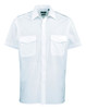 A white button-up shirt featuring short sleeves and two front pockets. It has a logo on the label.