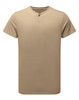A beige men's cotton-rich t-shirt with a round neckline and a button detail. It features a logo on the fabric.
