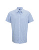 A blue microcheck short-sleeve button-up shirt with a collar and a logo on the chest.