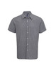 A short-sleeved button-up shirt in a microcheck pattern, featuring a collar and front buttons in grey.