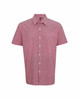 A short-sleeve button-up shirt in a microcheck pattern, featuring shades of red and white, with a logo on the left.
