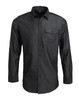 A black denim button-up shirt with long sleeves and a chest pocket, featuring a logo.