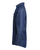 A blue denim button-up shirt with a side view, featuring a casual collar and a chest pocket.